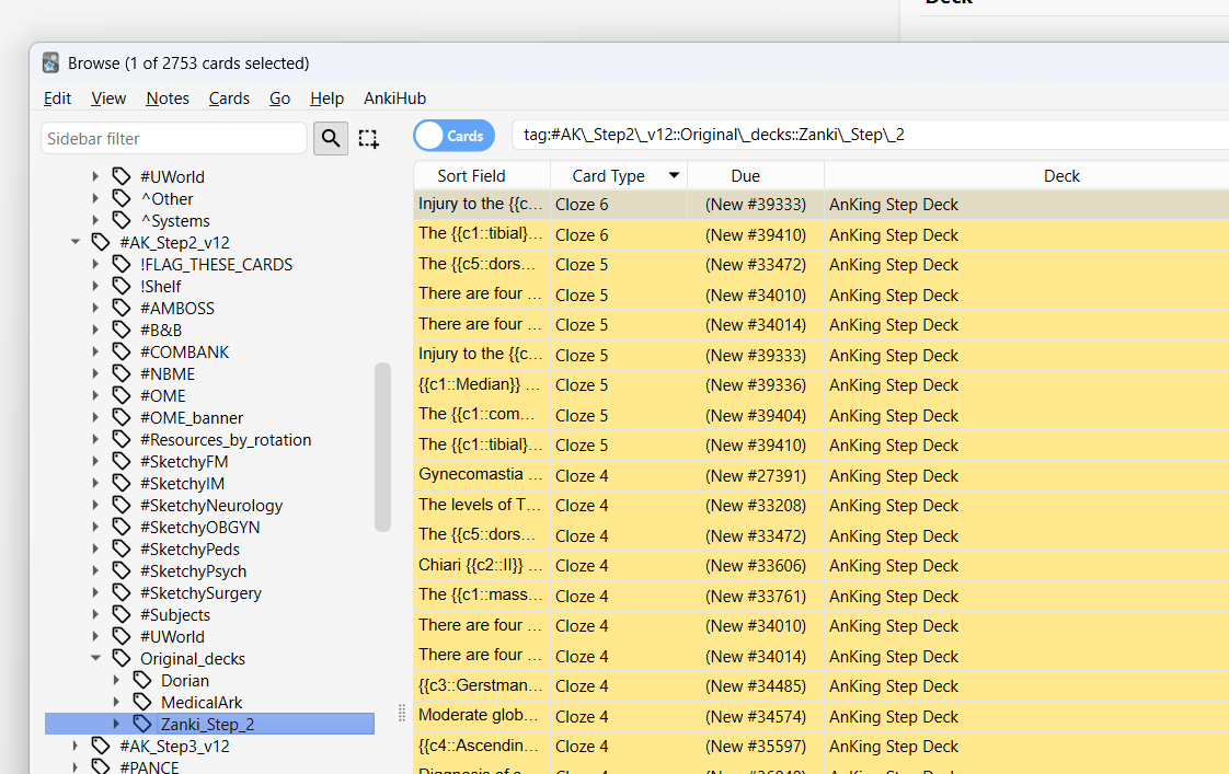 Anki Browser showing Zanki Step 2 deck and cards tagged as AnKing Step Deck