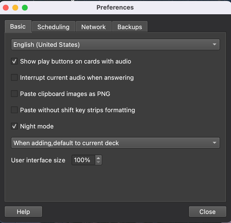 Anki Preferences panel