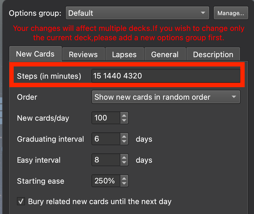 Anki 'New Cards' settings