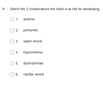 Example of a multiple response question format on the NCLEX exam, asking to identify potential complications.