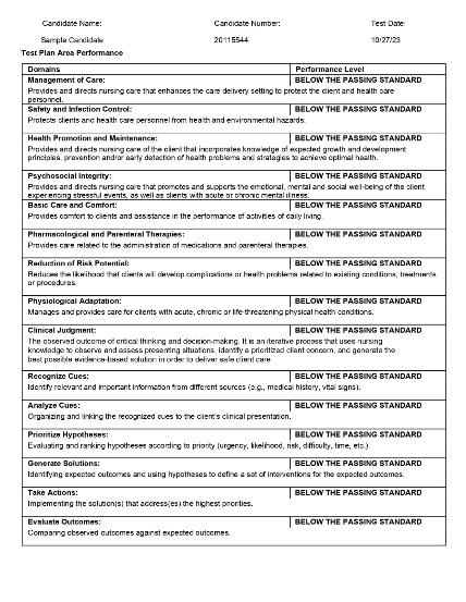 NCLEX Test Plan Area Performance showing performance level below the passing standard in multiple domains