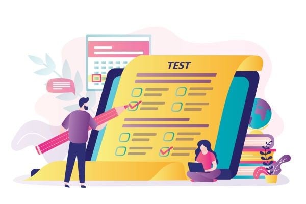 Illustration of students preparing for the Step 2 exam, emphasizing test questions and study resources